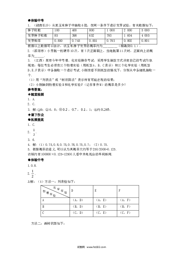 【同步练习】初三数学上册 25.3 用频率估计概率（1）　　同步练习 含答案.doc