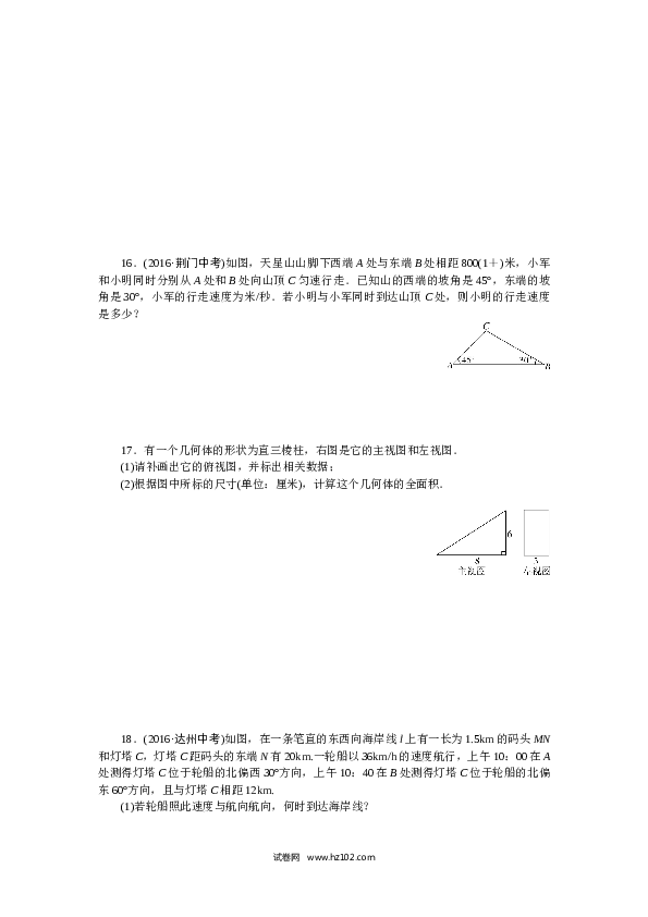 初三人教版数学下册专项训练八　锐角三角函数及视图.doc