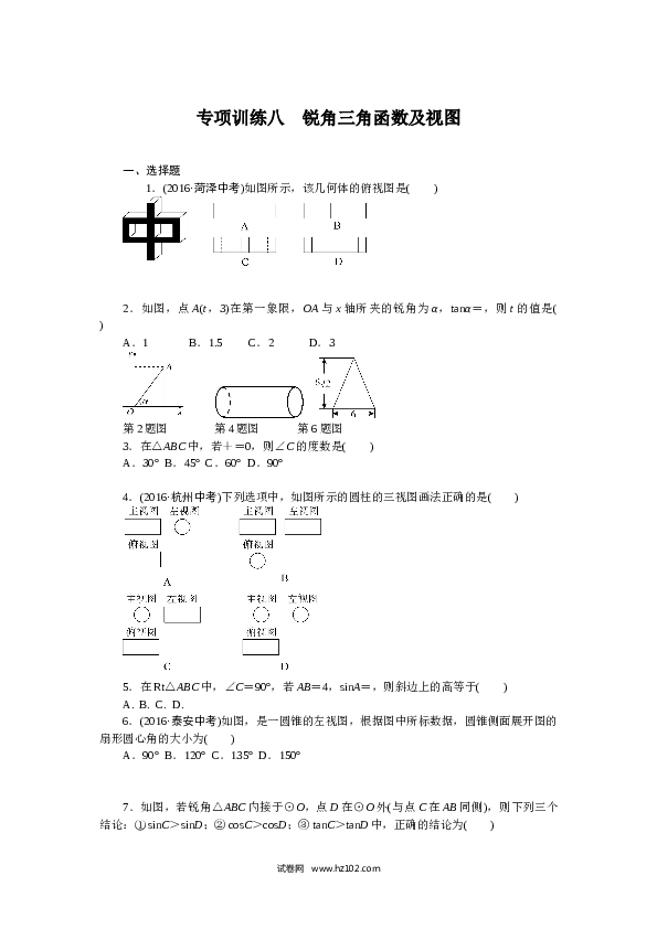 初三人教版数学下册专项训练八　锐角三角函数及视图.doc