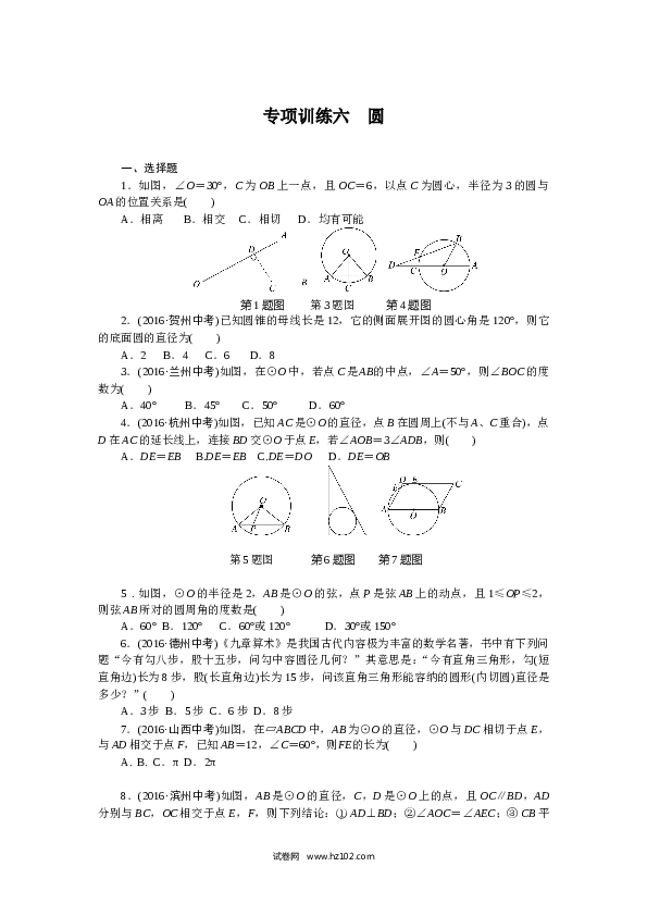 初三人教版数学下册专项训练六　圆.doc