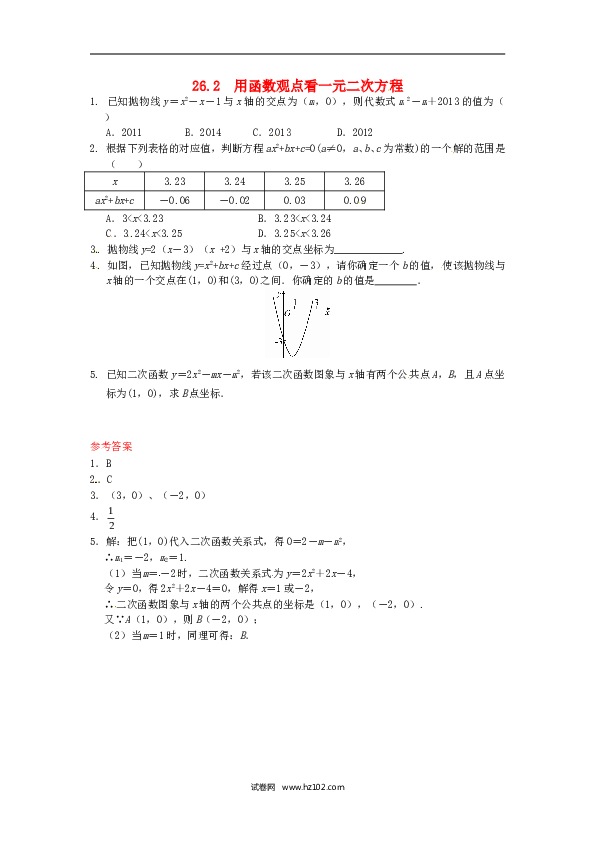 【同步练习】初三数学下册 26.2 用函数观点看一元二次方程同步练习 新人教版.doc