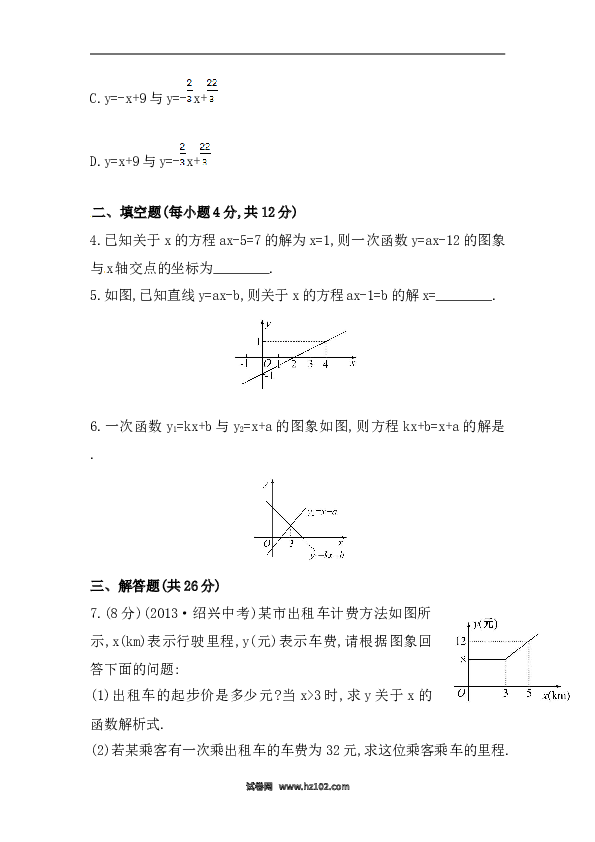 【期末】初二数学下册知识点测试卷：一次函数与方程、不等式初级测试（含详解）.doc