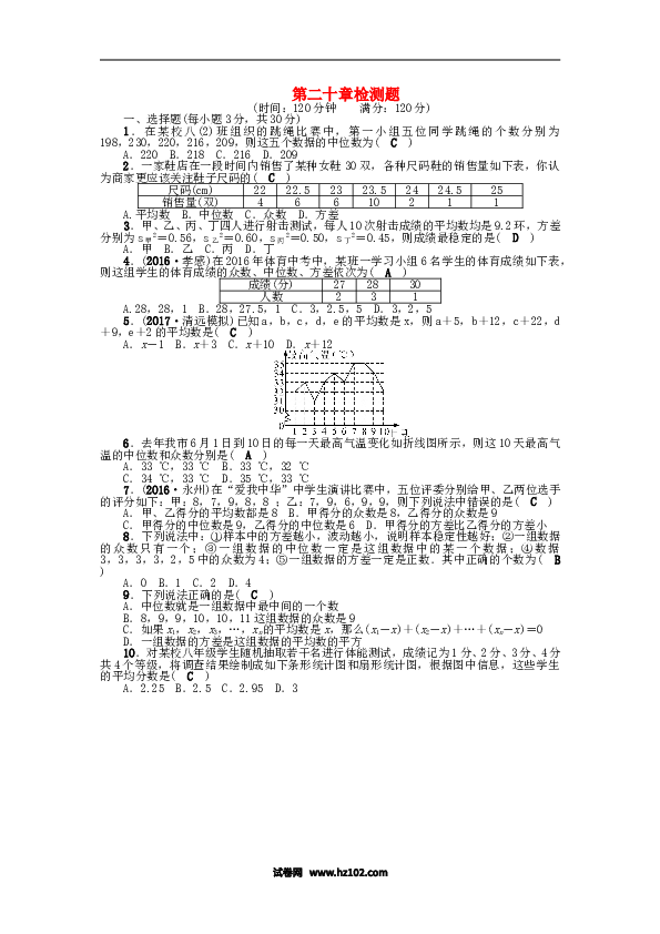 【单元检测】初二数学下册第二十章检测题.doc