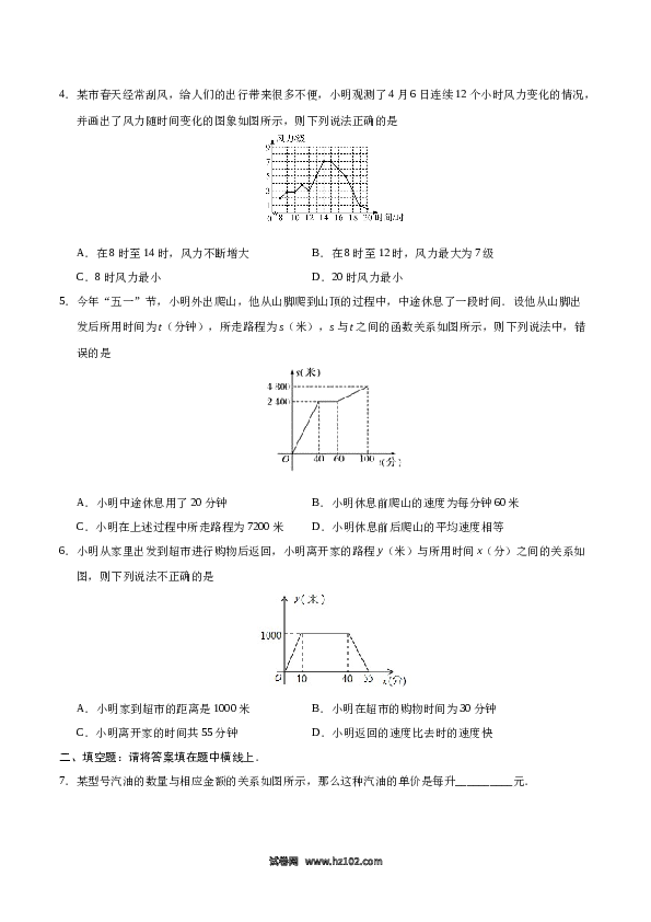 【同步练习】初二下册-人教版数学 19.1.2 函数的图象-（原卷版）.docx