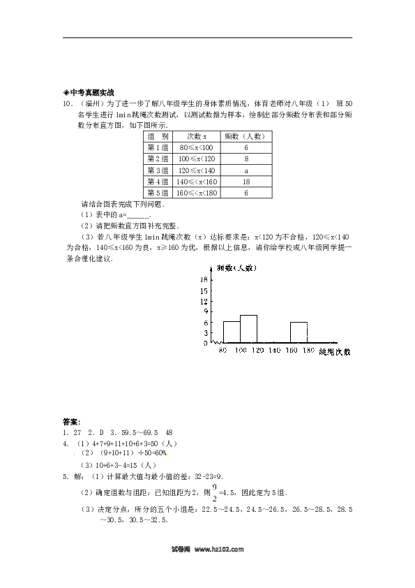 【同步练习】初一数学下册10.2　直方图　　检测题2.doc