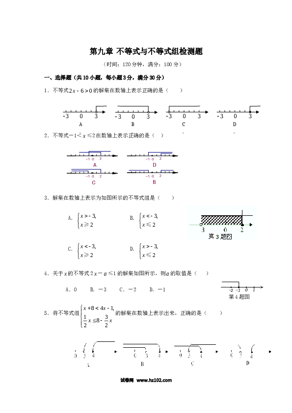 【单元检测】初中一年级数学下册第9章 不等式与不等式组 检测题.doc