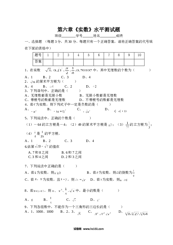 【单元检测】初中一年级数学下册新人教 第6章 实数 综合水平测试题1.doc