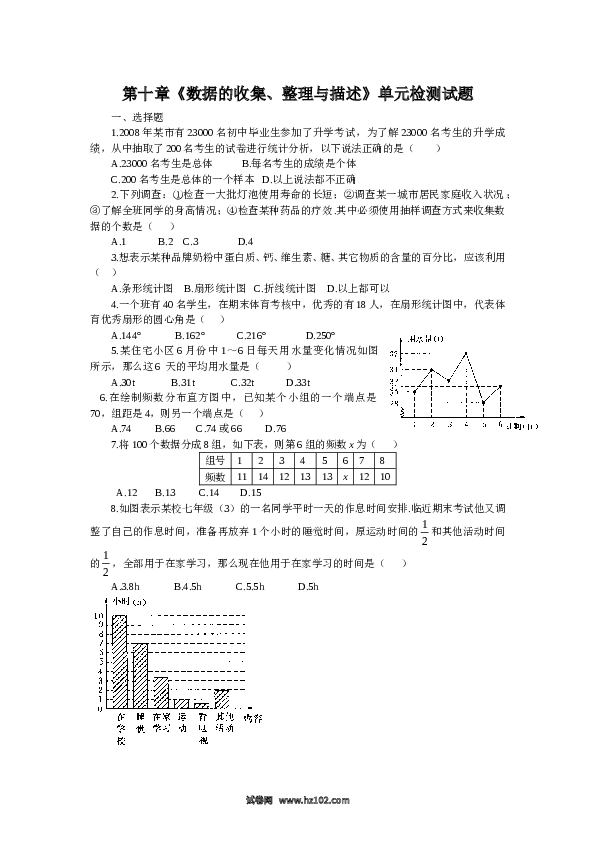 【单元检测】初中一年级数学下册新人教 第10章《数据的收集、整理与描述》水平测试2.doc