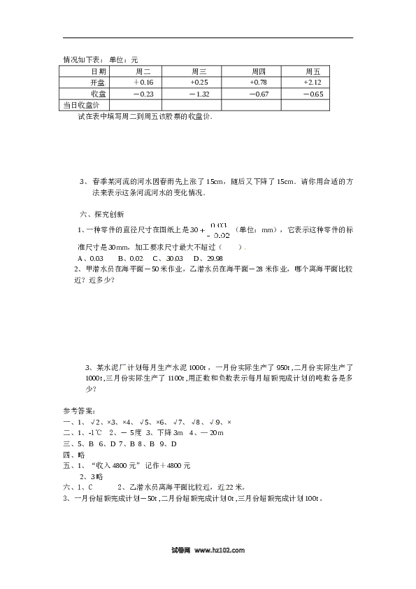 （含答案）初一数学上册 1.2有理数 同步练习.doc