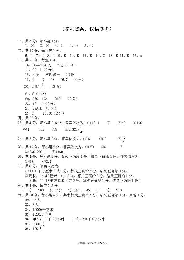 人教新课标数学六年级下学期期末测试.doc