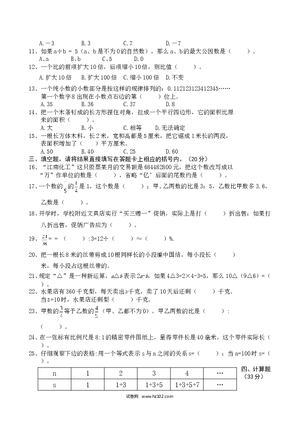 人教新课标数学六年级下学期期末测试.doc