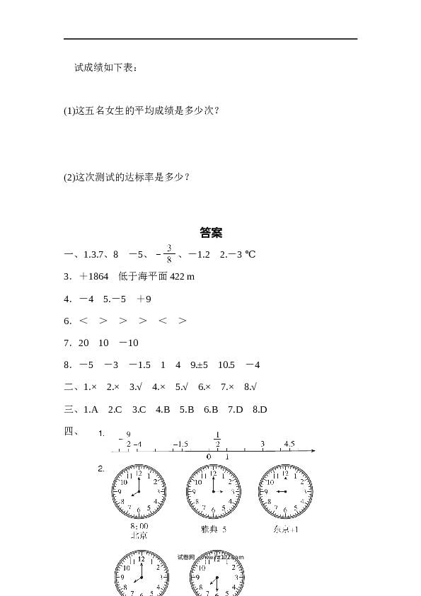 六年级下册数学第1单元 负数 测试卷.docx