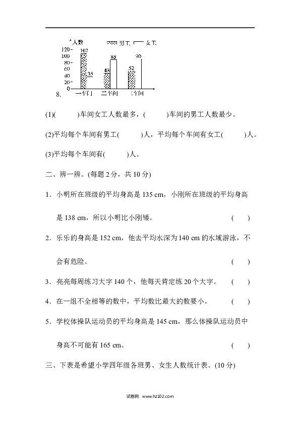 四年级人教版数学下册单元测试卷第8单元平均数与条形统计图、达标测试卷.docx