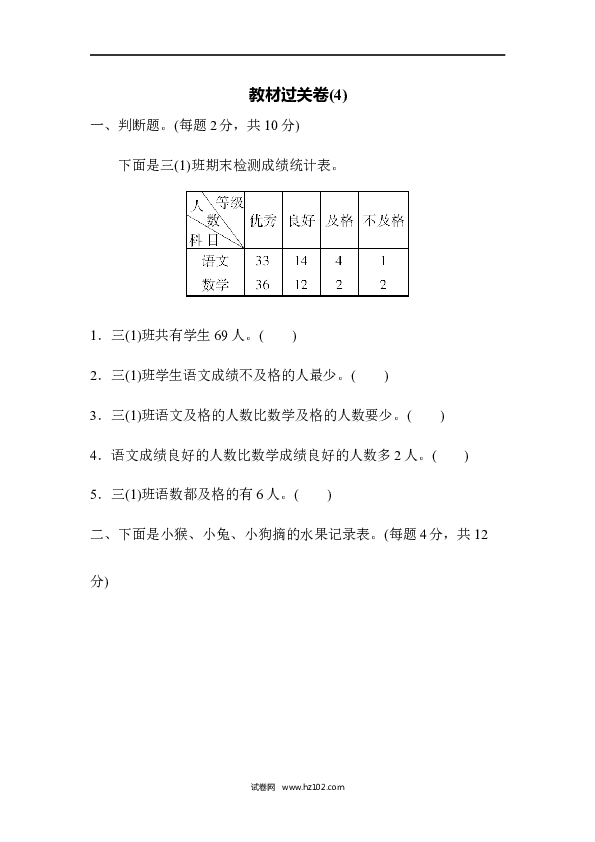 三年级人教版数学上册寒假、暑假教材过关卷(4).docx