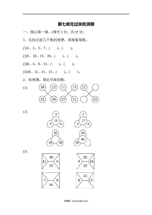 人教版一年级数学下册第7单元 找规律、过关检测卷2.docx