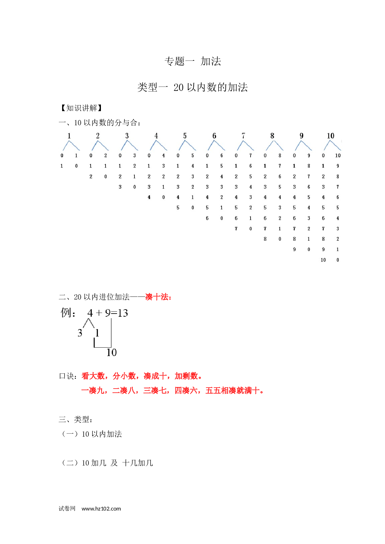 一年级计算题（综合练习）类型一 20以内数的加法10页.docx