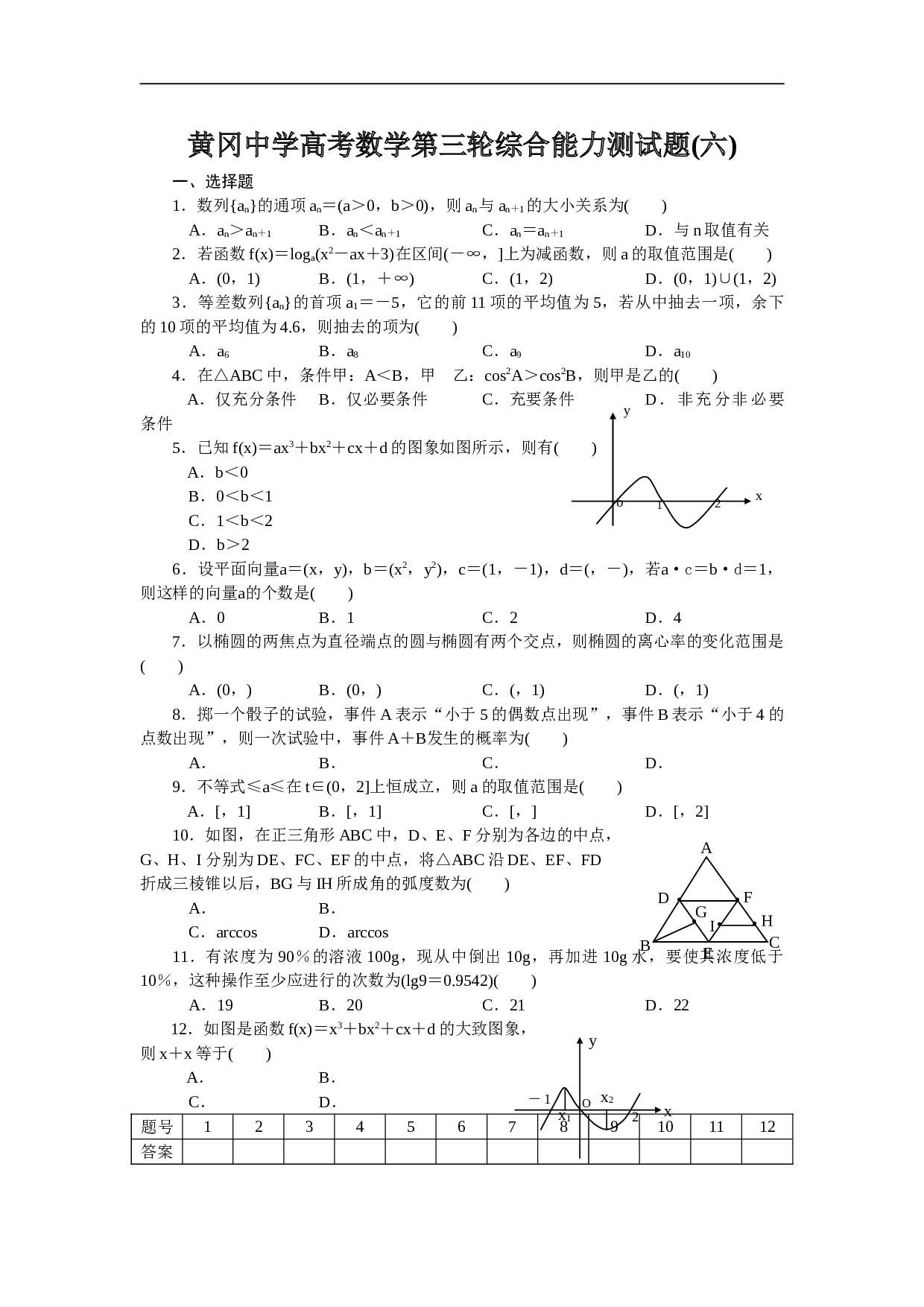 黄冈中学高考数学第三轮综合能力测试题(六).doc
