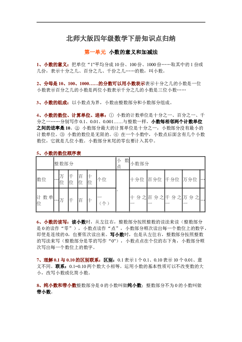 北师大版小学四年级数学下册全册知识点归纳(通用7页).docx